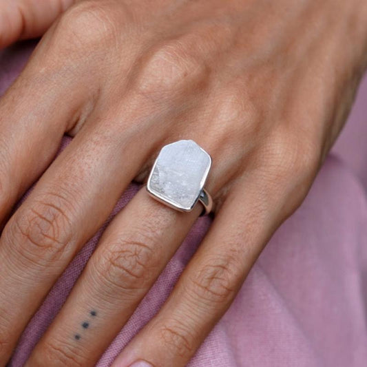 ROUGH MOONSTONE ◇ MANIFESTATION RING - 925 Sterling Silver-BROKENSTONES JEWELRY