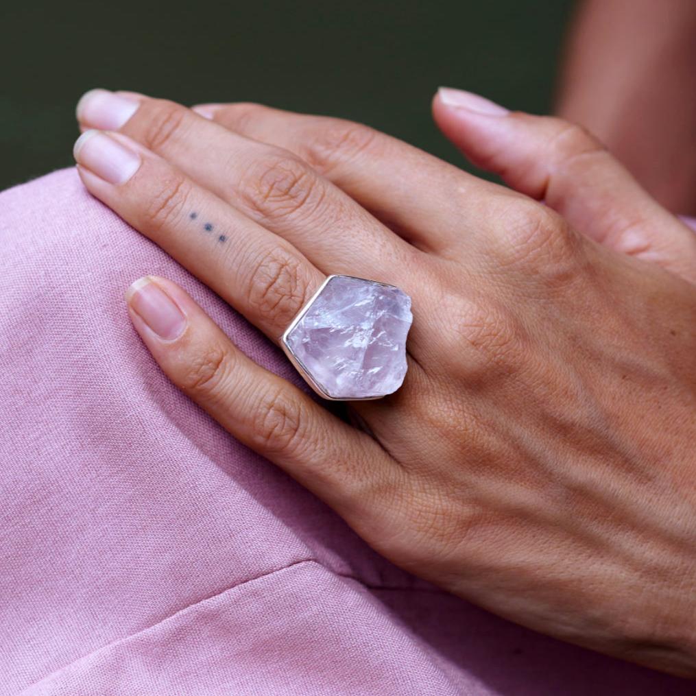 ROUGH ROSE QUARTZ ◇ MANIFESTATION RING - 925 Sterling Silver-BROKENSTONES JEWELRY