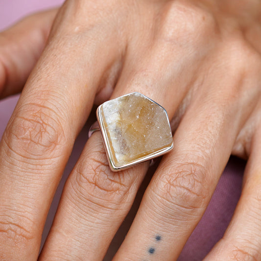 ROUGH GOLDEN CALCITE ◇ MANIFESTATION RING - 925 Sterling Silver-BROKENSTONES JEWELRY